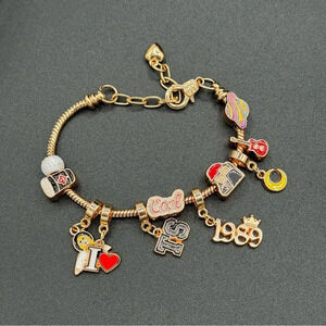 Swiftie Charm Bracelet Gold Tone with 10 Dangly Charms 1989, TS, Coffee